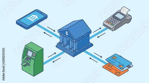 Isometric illustration of a bank at the center of a financial network.