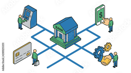 Isometric illustration of a bank at the center of a financial network.
