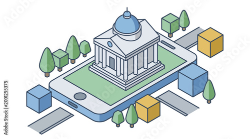 Isometric illustration of a bank building on a smartphone screen.