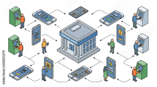 Isometric illustration of a bank building with people using ATMs and mobile banking apps.