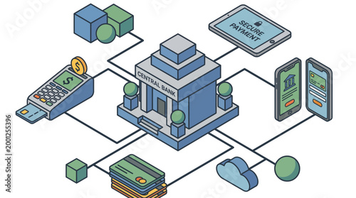 Isometric illustration of a central bank connected to various financial services.