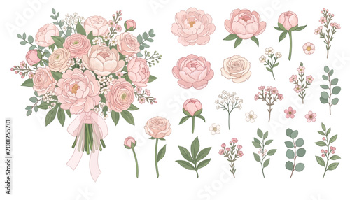 Delicate pink garden flowers and wedding bouquet floral design elements
