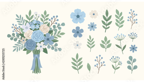 Beautiful floral design set with anemone flowers and garden plants, perfect for a wedding bouquet or decorative elements