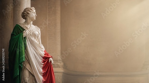 Statue draped in Italian flag in a historic building setting