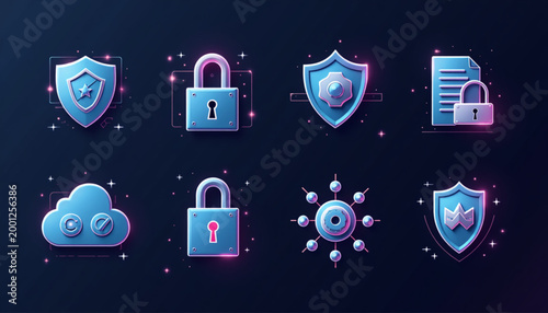 Glowing Neon Cyber Security Icon Set Featuring Privacy Shields, Padlocks, and Cloud Protection Concepts