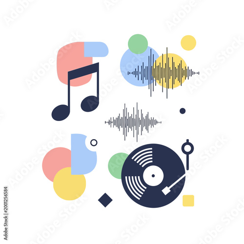 Abstract Music Elements: Notes, Vinyl, Soundwaves, Geometric Shapes