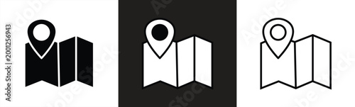 Location marker icon with folded map in outline and solid style, navigation and travel concept, vector illustration