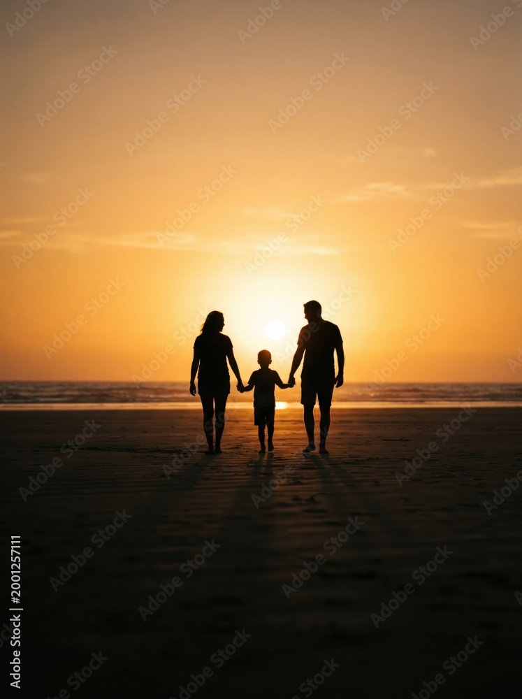 Fototapeta premium A family of three standing together, holding hands, silhouetted against a warm, glowing sun.