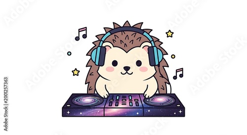 A cartoon hedgehog wearing headphones and smiling while mixing music on a DJ console with a galaxy design. Musical notes float around