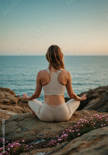 Rear view of a woman sitting in meditation on a rocky cliff overlooking the ocean for outdoor wellness editorial, mental health awareness and yoga retreat advertising