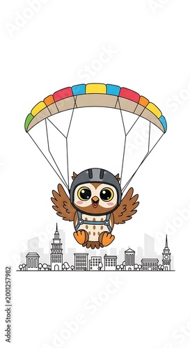 A cartoon owl with big eyes wearing a helmet and a parachute, floating over a city skyline
