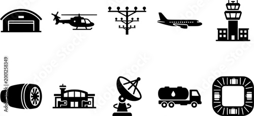 A comprehensive collection of airport and aviation transportation silhouette icons, ideal for illustrating flight services, logistics, travel infographics, and aerospace industry
