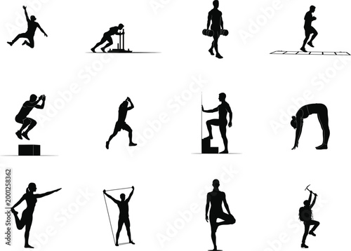 Fitness training and athletic workout silhouettes featuring jumping exercise sets.