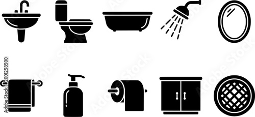 Essential bathroom fixtures equipment set featuring various household items for restroom facility navigation and interior plumbing applications
