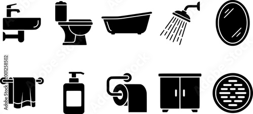 Essential bathroom fixtures equipment set featuring various household items for restroom facility navigation and interior plumbing applications
