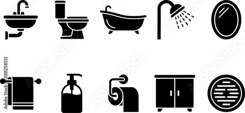 Essential bathroom fixtures equipment set featuring various household items for restroom facility navigation and interior plumbing applications
