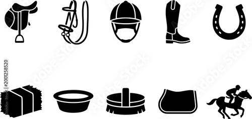 Comprehensive collection of equestrian sport equipment and horse care items in black silhouette icons, perfect for educational materials, website graphics, or veterinary content