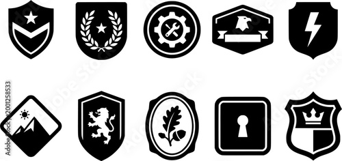 Versatile collection of black shield and badge icons suitable for representing security, protection, achievement, law enforcement, or digital safety in various graphic and digital projects