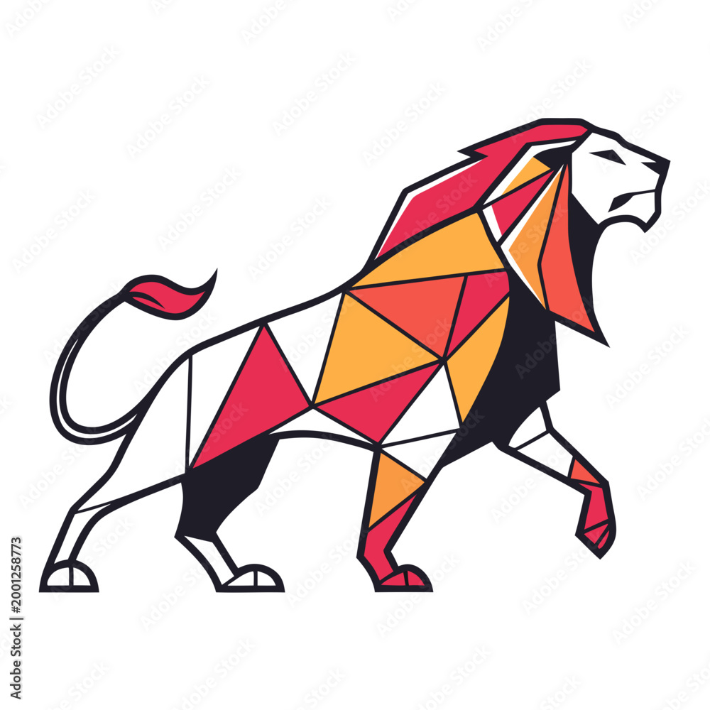 Obraz premium Lion geometric design walking forward red and orange colors.