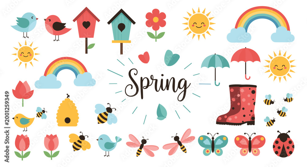 Naklejka premium Comprehensive collection of cute spring-themed elements like colorful birds, birdhouses, busy bees, flowers, and bright rainbows.