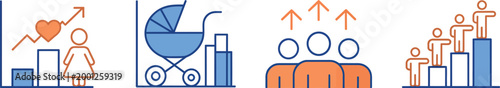 Birth rate, population growth icons, demography rise, set outline editable icons, clean minimal line style collection representing statistics, human population increase, census data visualization, 