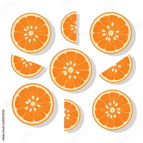Foto Fresh Orange Slices and Halves, Citrus Fruit Pattern, Healthy Food Illustration