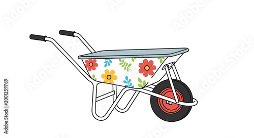 Colorful garden wheelbarrow features a bright floral pattern and a single red wheel on a white background for gardening tasks.