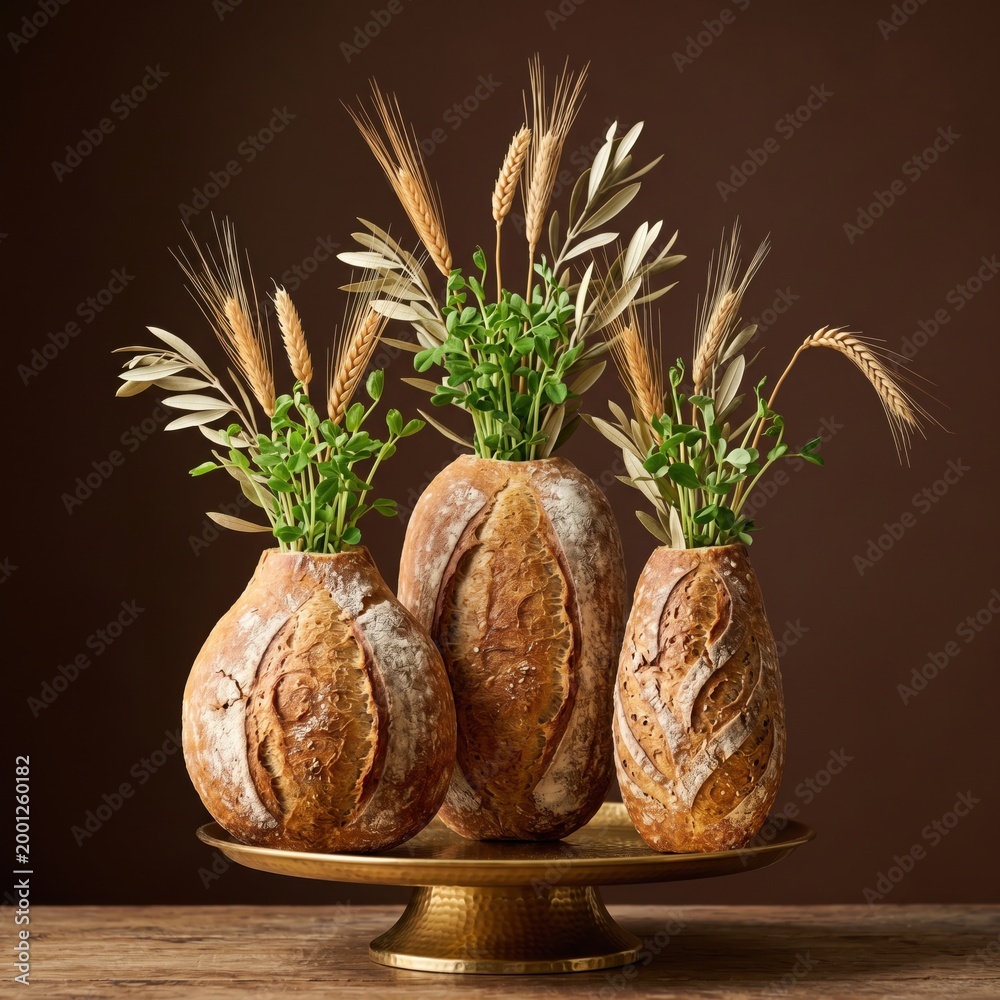 Fototapeta premium Three artisan bread loaves shaped like vases holding wheat and green sprouts on a gold pedestal for corporate strategy reports, business brochures and organic branding