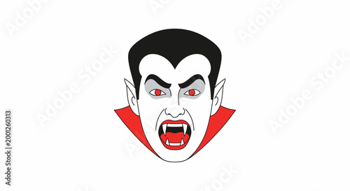 Stylized illustration of a fearsome vampire's head with glowing red eyes and menacing fangs, depicting a thrilling horror character