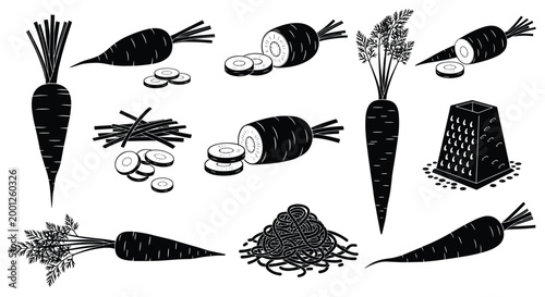 Collection of carrot illustrations shows the vegetable in various forms including whole, sliced into rounds, and finely shredded piles.