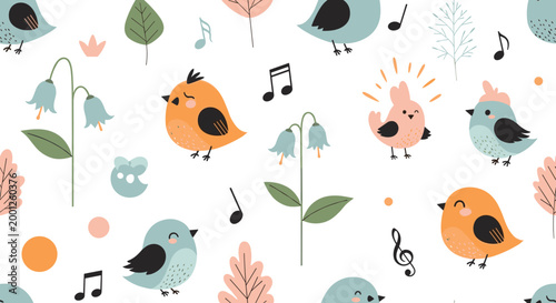 Playful pattern features colorful birds, delicate flowers, green leaves, and musical notes scattered across a clean white background.