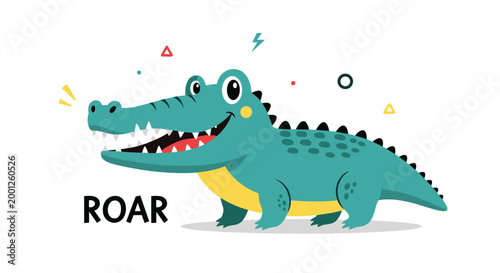 Friendly blue crocodile character smiles widely with the word roar nearby in a colorful illustration decorated with geometric shapes.