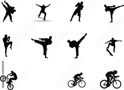 Dynamic silhouettes of athletes performing martial arts and extreme sports.