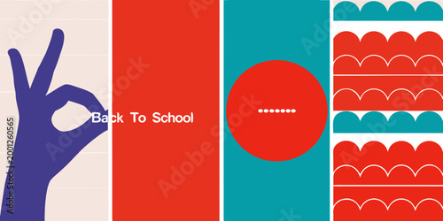 purple hand gesture with back to school text and colorful shapes