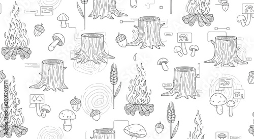 Detailed forest pattern includes various woodland elements like tree stumps, mushrooms, campfires, and acorns in a line art style.