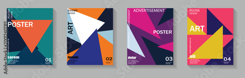 A set of four modern, abstract geometric poster templates featuring vibrant colors and bold typography. Geometric shape. Design elements for poster, magazine, book cover, brochure, Retro art design.