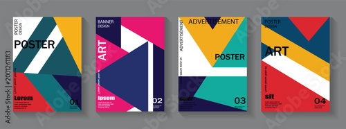 A set of four modern, abstract geometric poster templates featuring vibrant colors and bold typography. Geometric shape. Design elements for poster, magazine, book cover, brochure, Retro art design.