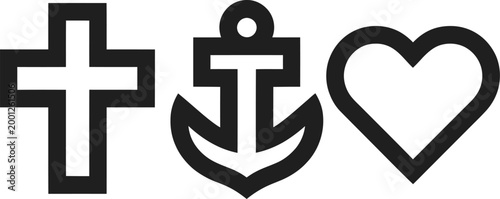 Faith hope love icon contour set, cross anchor heart vector icons symbol, minimal outline style representing spirituality, hope, and compassion, perfect for religious themes, inspirational designs, 
