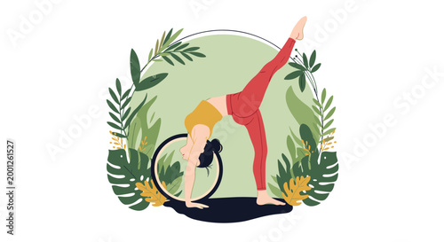 Graceful yoga practitioner performs a wheel pose assisted by a prop and surrounded by a variety of tropical green jungle leaves.