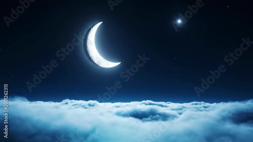 Minimal crescent moon and the star floating above turquoise cloud bank, dark spacious sky with gentle glow, quiet celestial nightscape for soothing dream themed background design and calm copy space