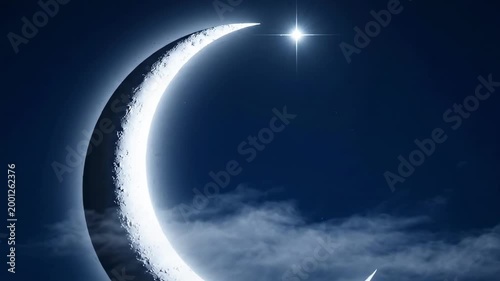 Large crescent moon and the star inspired scene with bright textured lunar rim, deep navy sky and thin cloud line, minimalist celestial background for peaceful night atmosphere and elegant copy space