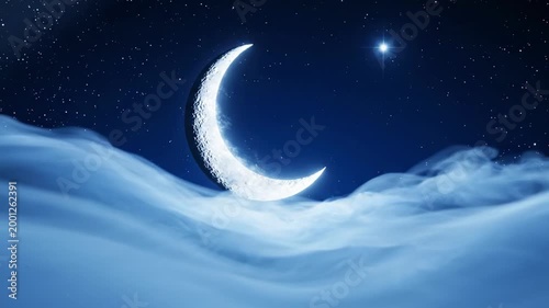 Hidden crescent moon and the star mood inside swirling blue cloud aperture, soft mist forming an eye shaped opening around pale lunar arc, surreal celestial sky for calm dream visuals and atmosphere