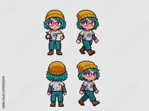 pixel art character spritesheet of a creative artist wearing a beanie, glasses, and paint-splattered shirt holding a sketchbook and pen.