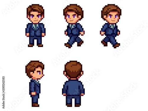 pixel art character spritesheet of a male executive in a formal dark blue suit and tie with confident walking animations.
