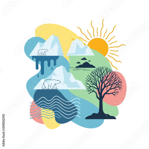 Climate Change: Melting Ice, Polar Bears, Sun, Tree, Abstract Background
