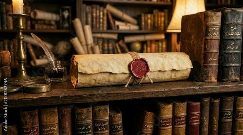 Vintage library, with books, document, candle, and inkwell, cozy interior setting.
