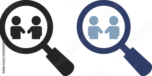 Hiring, icon set with job search vacancy and candidate analysis symbols, magnifier with user avatar, recruitment vector illustration design.