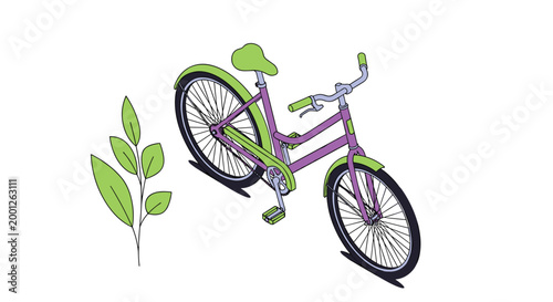 Stylish purple bicycle with a green seat and fenders parked next to a simple green leaf plant on a white background.