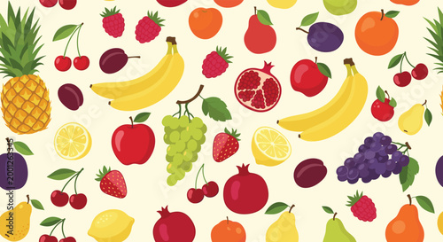 Vibrant seamless pattern filled with a wide variety of colorful fruits including apples, bananas, grapes, and berries.