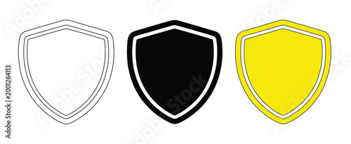 シールドのアイコンセット、セキュリティと保護を象徴する盾のベクターイラスト、黒と黄色と線画の3種類のバリエーション、サイバーセキュリティや品質保証のロゴデザイン素材
